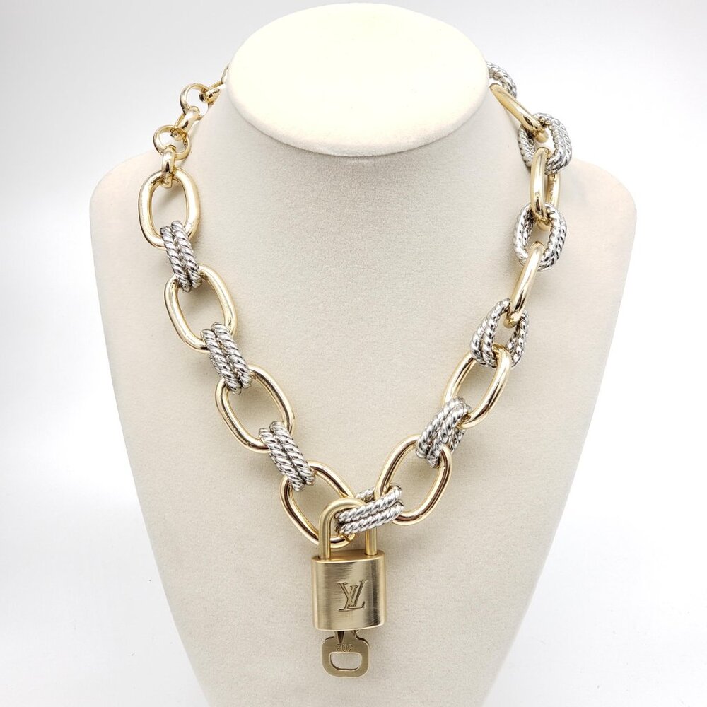 Authentic Louis Vuitton Gold Padlock w/ Unbranded Fashion Geometry Necklace
